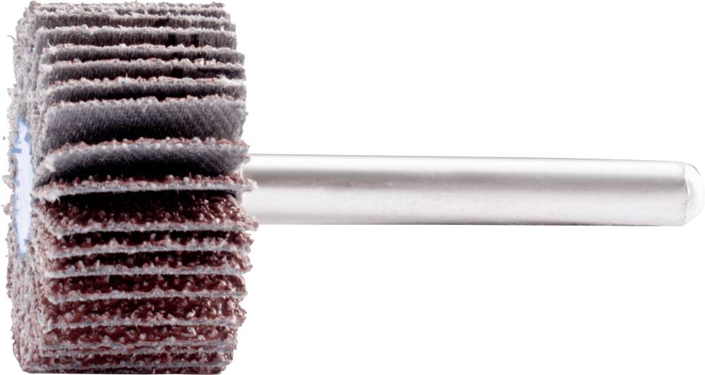 Bild eines Schleifaufsatzes mit mehreren Schichten aus Schleifmittel auf einer Metallachse, zur Verwendung mit einem Bohrwerkzeug.