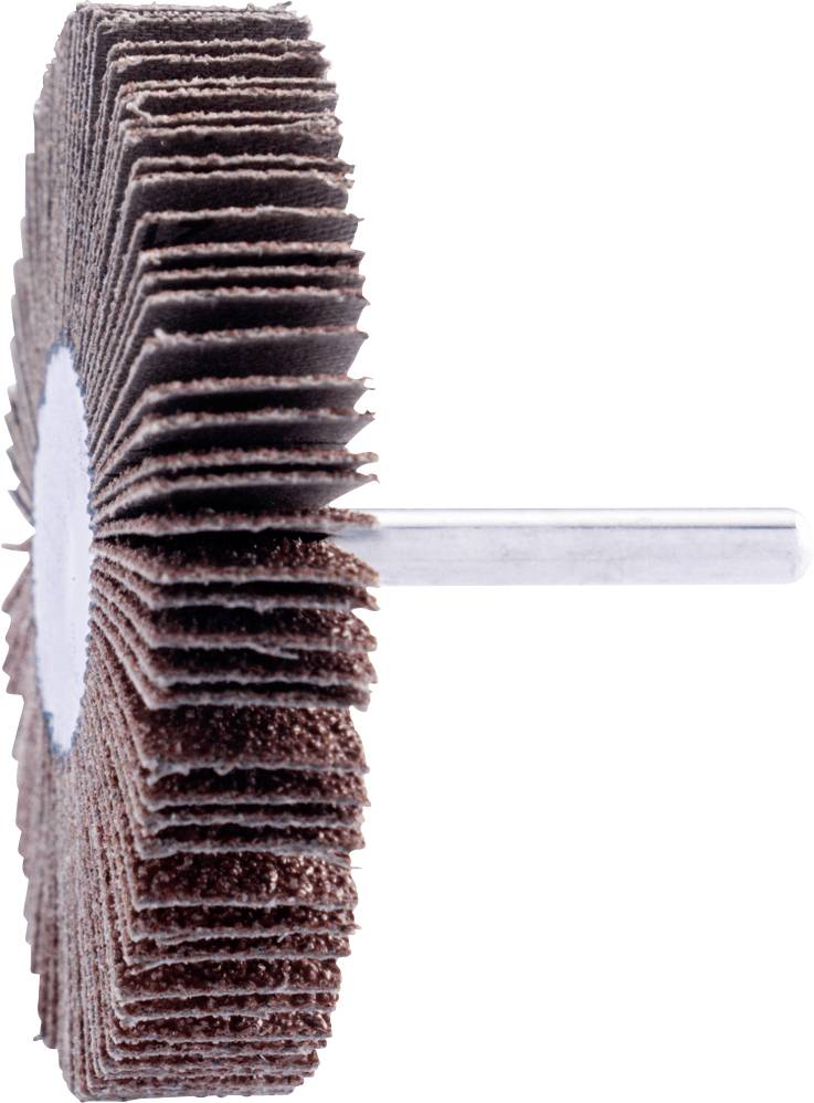 Eine Schleifscheibe mit gestapelten Lamellen und einem Metallstift, verwendet zum Polieren und Schleifen von Oberflächen.