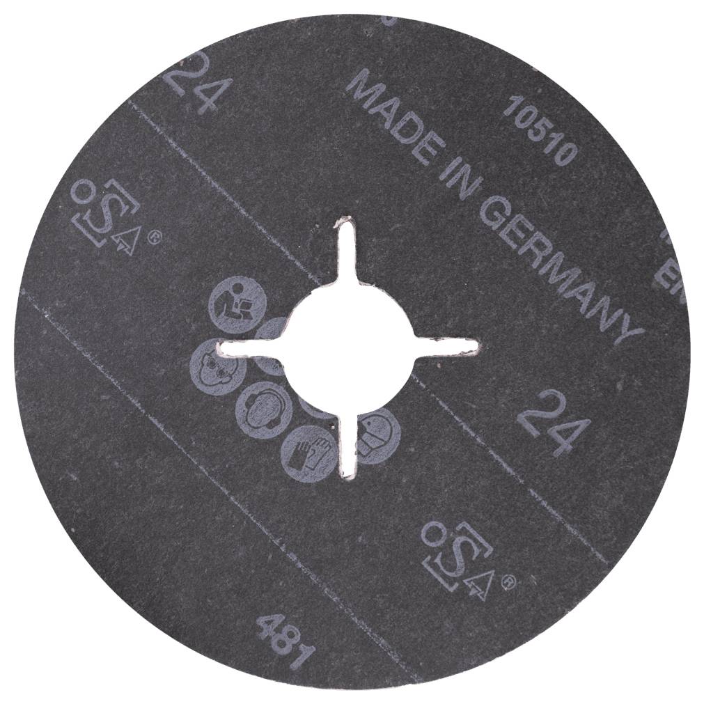 Ein runder Schleifscheibe mit Loch in der Mitte, Aufschrift 'Made in Germany', Ziffern '24' und kleine Symbole für Sicherheitshinweise.