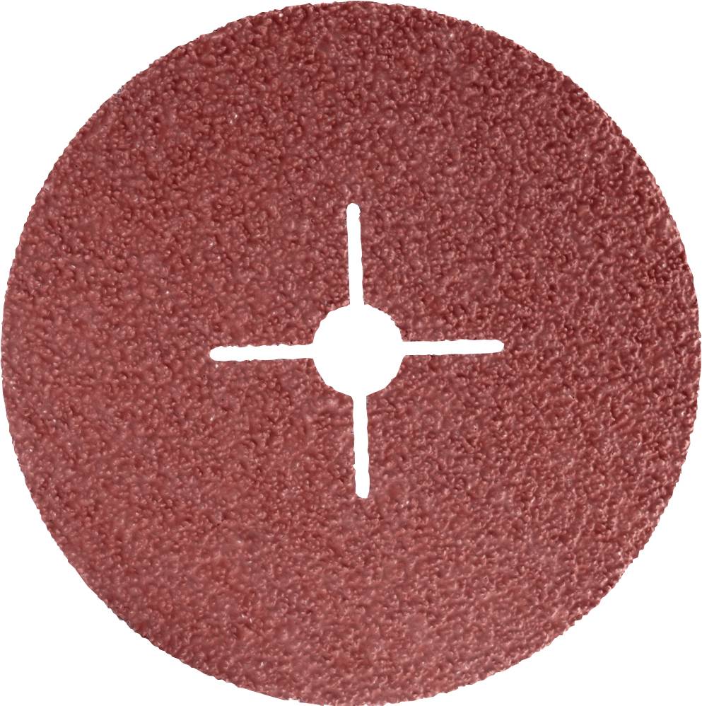 Ein runder, roter Schleifaufsatz mit einer zentralen Öffnung und vier Auskerbungen.