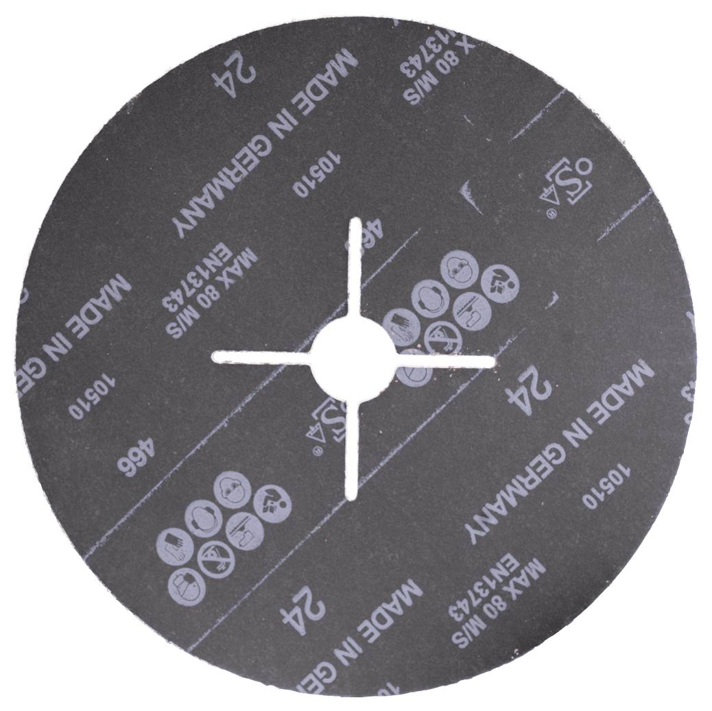 Schleifpapier-Scheibe mit der Aufschrift 'Made in Germany', 24er Körnung, maximal 80 m/s; zeigt Sicherheitssymbole für den Gebrauch.