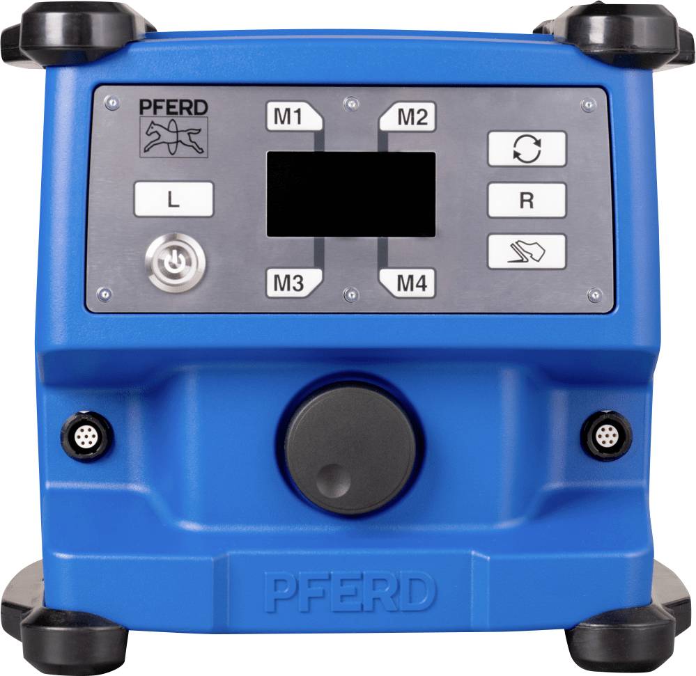 Elektronisches Steuergerät in Blau mit schwarzem Drehknopf, Tasten für Links-, Rechtslauf, und vier Programmauswahltasten (M1-M4).