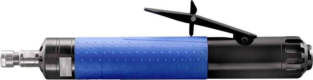 Ein blauer Druckluft-Schleifer mit abgewinkeltem Griff und abnehmbarem Oberteil. Geeignet für präzises Schleifen in Metallbearbeitung.