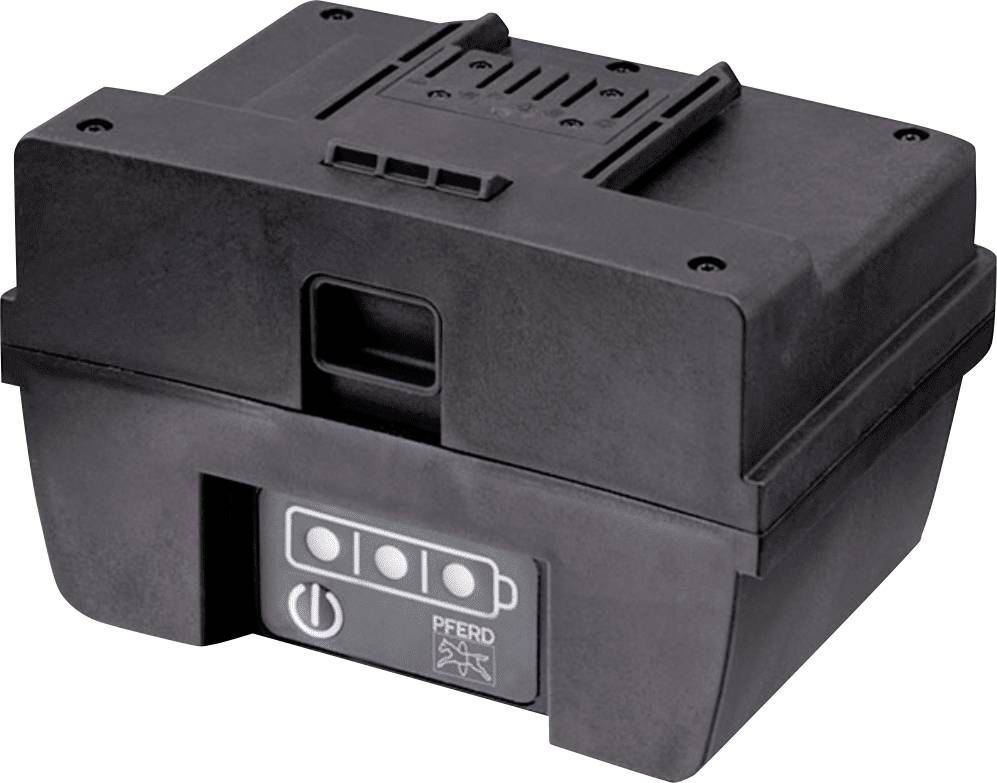 Schwarzes Kunststoffgehäuse eines Maschinenakkus, mit Ein-/Ausschalter und Batterieanzeige auf der Vorderseite.