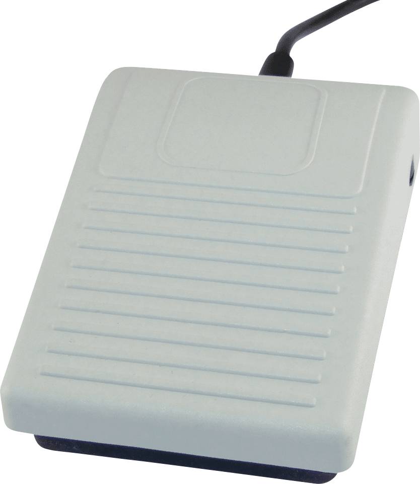 Ein weißer Fußschalter mit geriffelter Oberfläche und Kabel oben, verwendet zur Steuerung von Geräten ohne Handbetätigung.