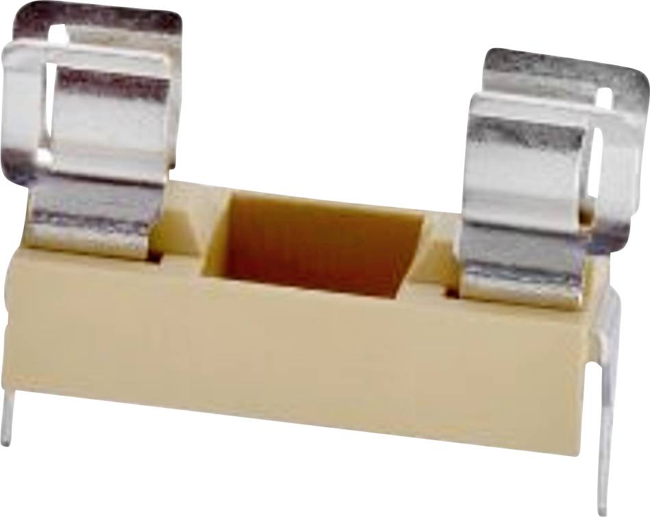 Ein Metall-Clip in U-Form, gelb mit silbernen Klemmen, möglicherweise Teil eines elektrischen Bauteils oder Halters.