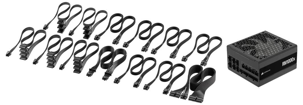 Netzteil mit mehreren stromführenden Kabeln, geeignet für den Anschluss von Computerhardware-Komponenten.