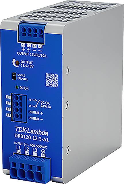 Spannungskonverter in industriellem Design. Blau-silber Gehäuse, mit Anschlüssen und LED-Anzeigen. Text zeigt 'TDK-Lambda'.