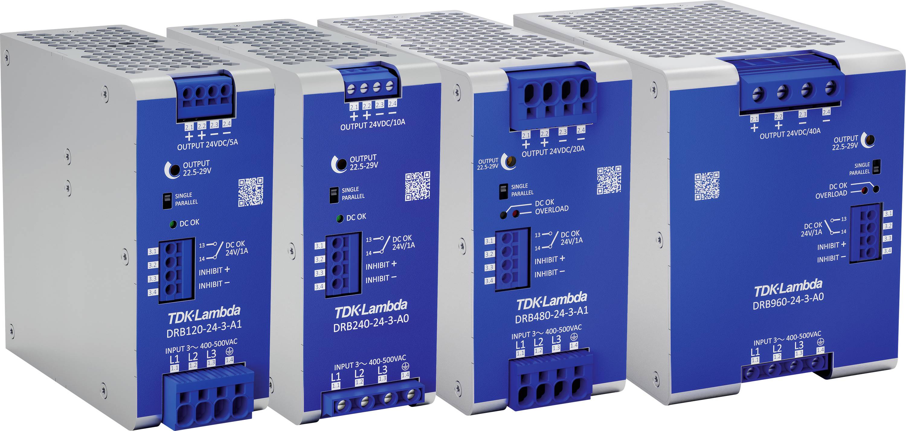 Vier blaue, rechteckige elektronische Geräte von TDK-Lambda, modell DRB50-24-3-1, mit verschiedenen Anschlussmöglichkeiten und Lüftungsschlitzen.