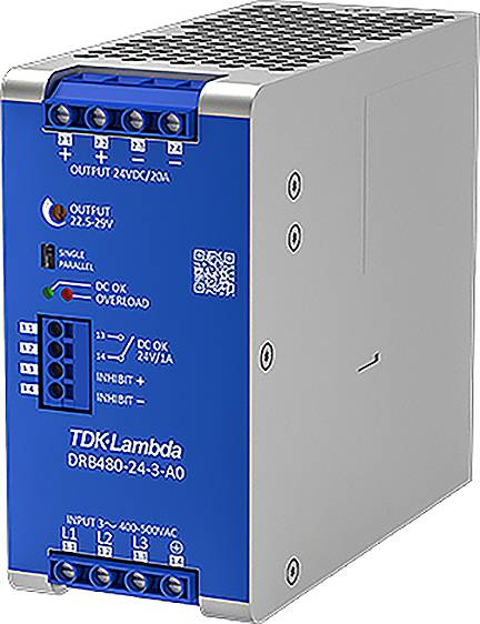 Ein blaues elektrisches Gerät mit Anschlüssen und LED-Anzeigen, das Gleichstromausgang von 24V/20A bereitstellt, Marke TDK-Lambda.