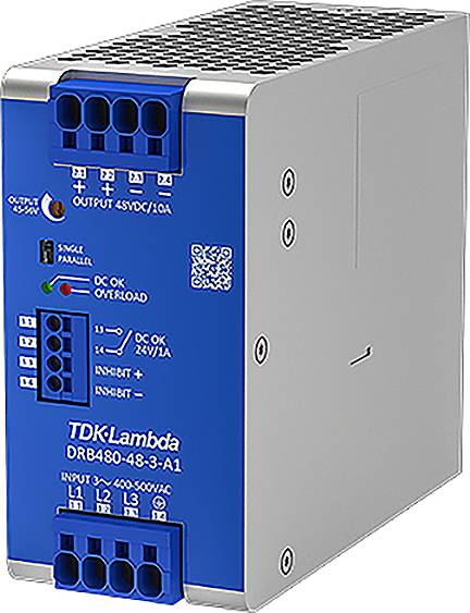 Industrienetzteil mit blauer Front, mehreren Anschlüssen und Betriebs-LEDs. Marke 'TDK-Lambda', Modell 'DRB480-48-3-A1'.