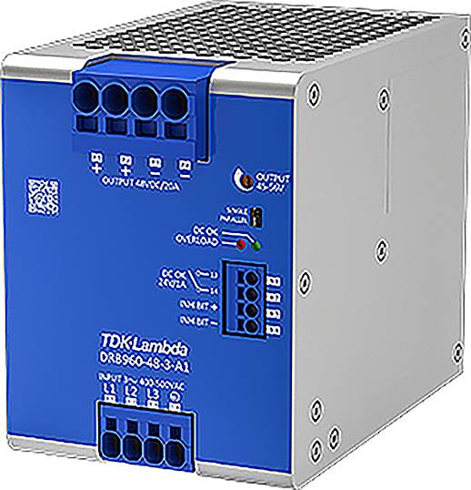 Ein blaues Netzteilgerät von TDK-Lambda mit mehreren Anschlüssen und technischen Spezifikationen auf der Vorderseite.