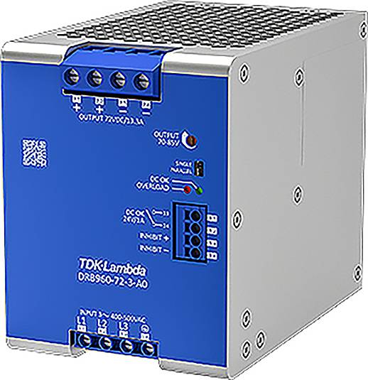Industrielles Netzteil von TDK-Lambda in blauem Gehäuse mit verschiedenen Anschlüssen und Schaltkreisen, geeignet für Maschinenintegration.
