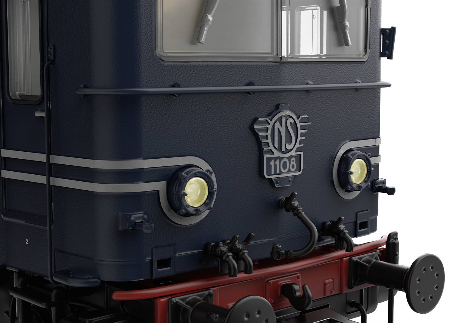 Eine blaue Lokomotive mit der Nummer '1108' und dem Logo 'NS' an der Vorderseite. Die Lokomotive hat runde Scheinwerfer und silberne Streifen.