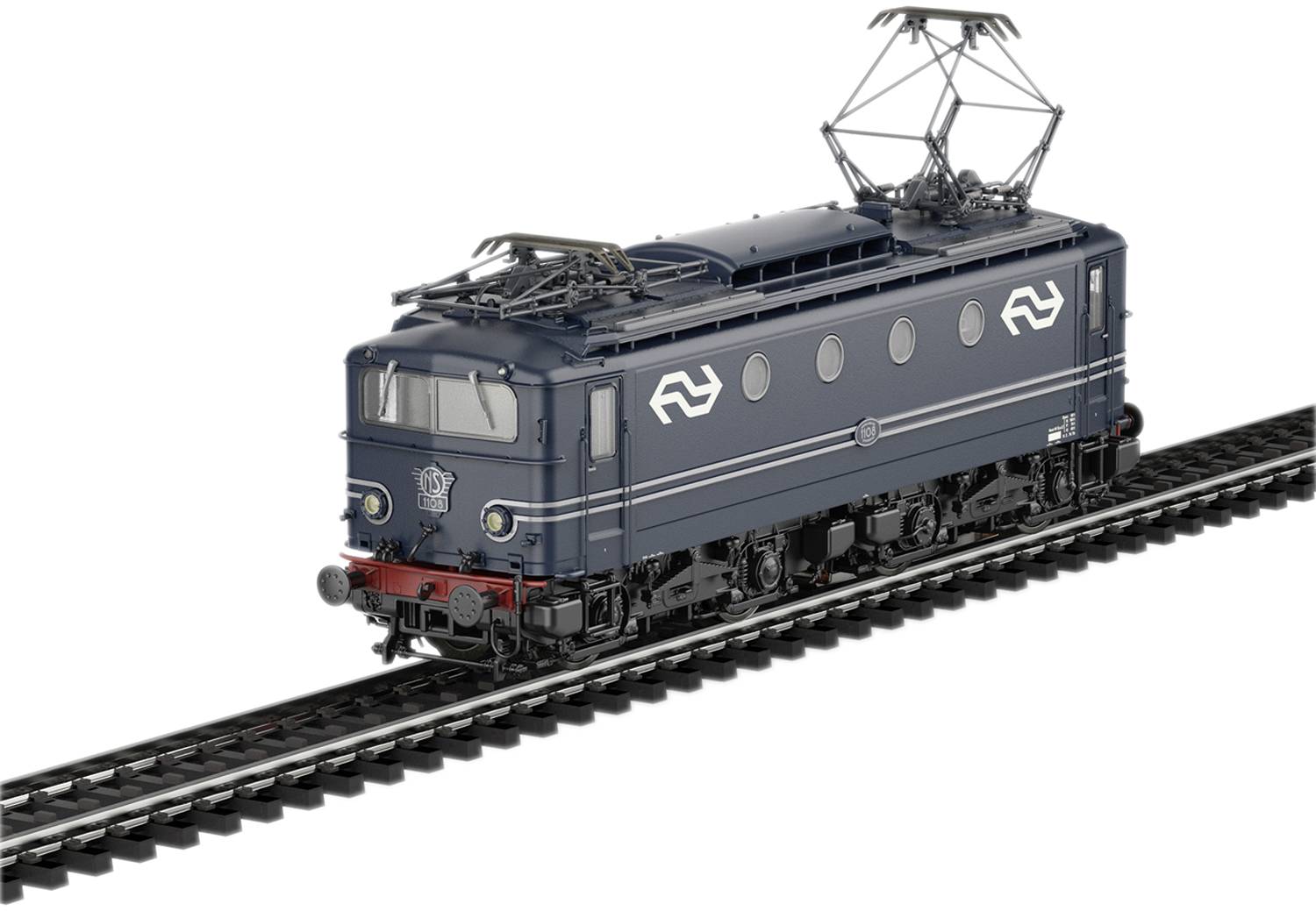 Dunkelblaue elektrische Lokomotive auf Schienenstrecke, mit charakteristischer Rundung und Panthographen.