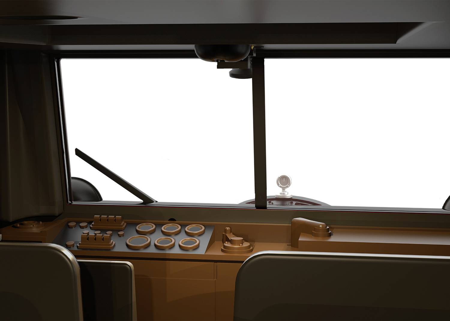 Innenansicht eines Fahrzeugcockpits mit Bedienelementen und Armaturen. Große Fensterscheibe nach vorne, lenkradloses Design.