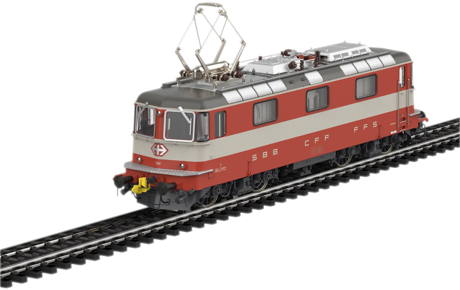 Eine rote Modelleisenbahnlokomotive auf Schienen, mit silbernen und schwarzen Details. Sie trägt die Aufschrift 'SBB' und hat einen Stromabnehmer.