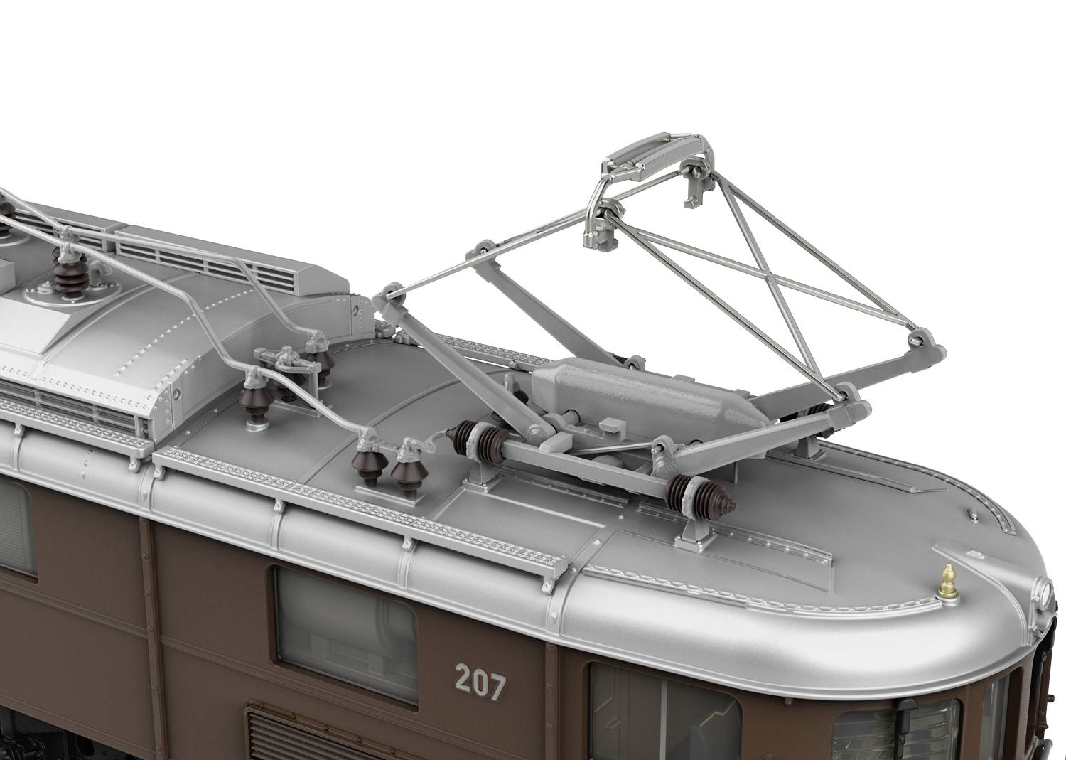 Oberleitung eines braunen Zuges mit hochgeklapptem Stromabnehmer auf dem Dach, Detailansicht des Dachs und der Nummer '207' erkennbar.