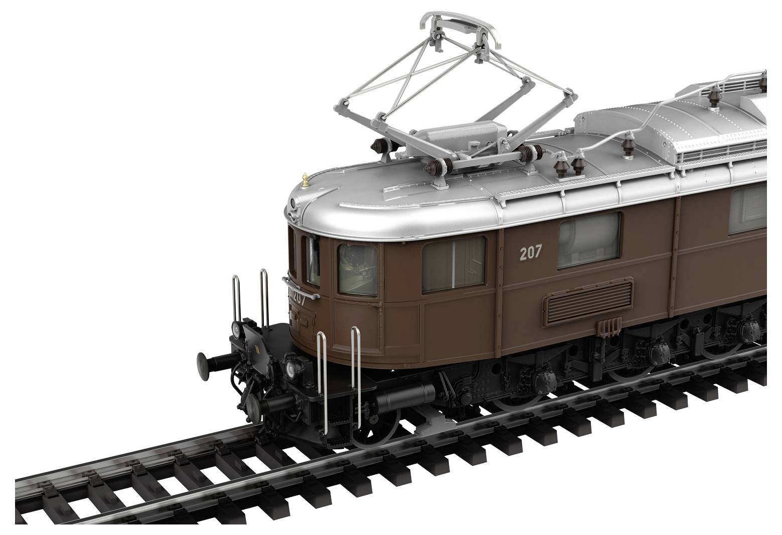 Ein Modell einer braunen elektrischen Lokomotive mit der Nummer 207 auf Schienen, zeigt das Design und historische Details.