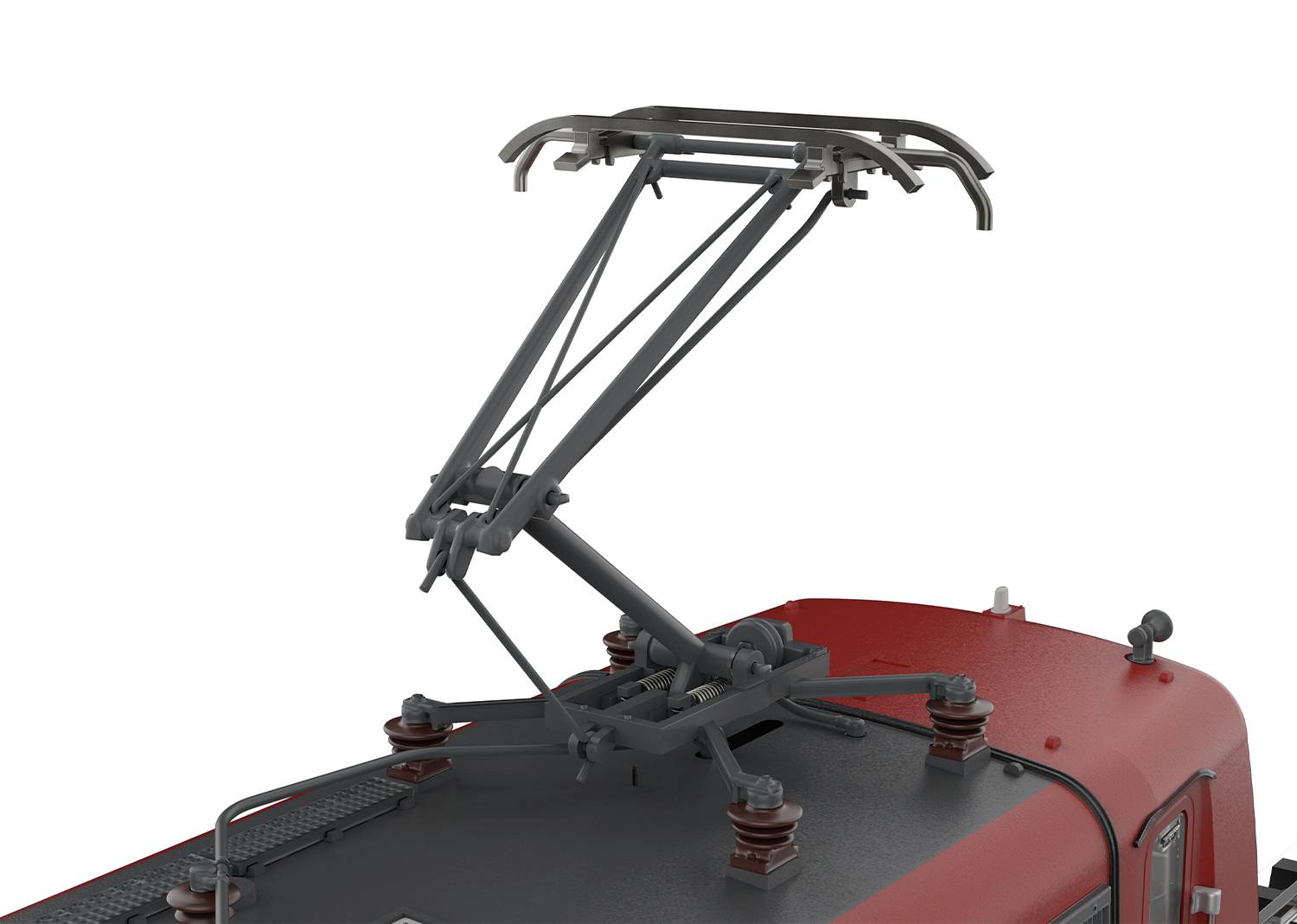 Oberleitung der Eisenbahn: Nahaufnahme eines Eisenbahnstromabnehmers auf dem Dach einer Lokomotive, der Strom von der Oberleitung entnimmt.