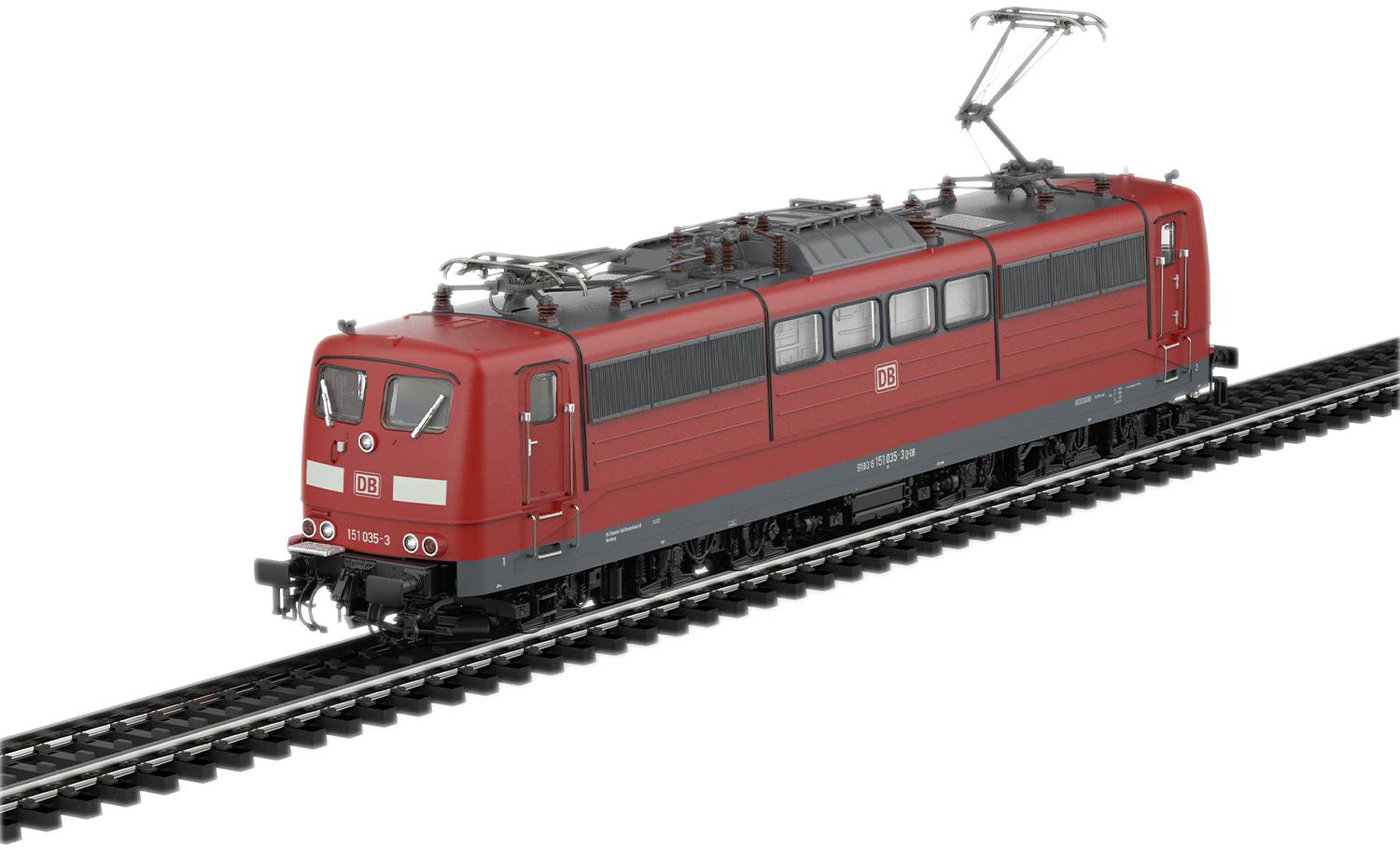 Rotes Modell einer elektrischen Lokomotive auf Schienen, seitliche Ansicht. Lokomotive trägt das Logo der Deutschen Bahn.