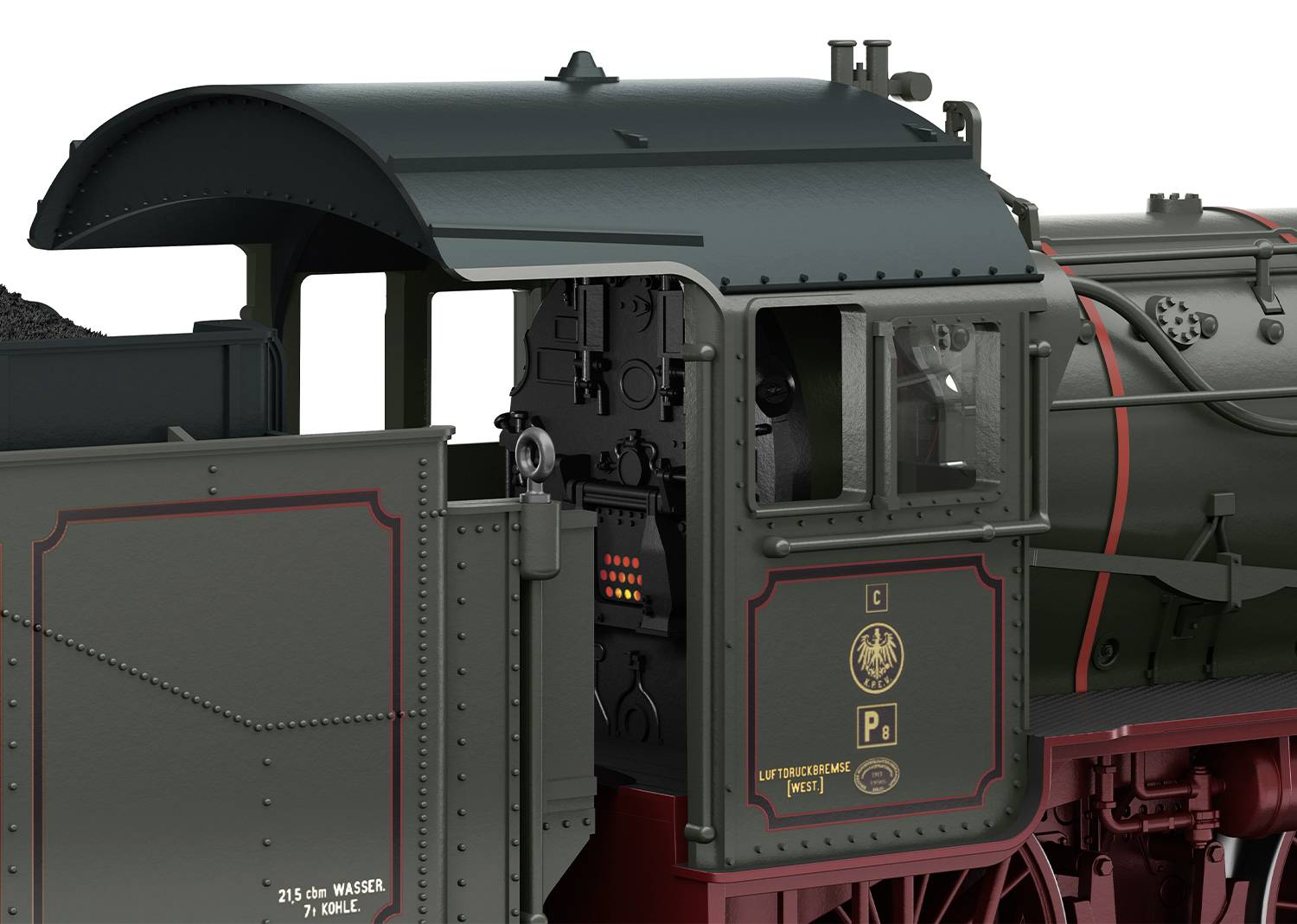 Geschlossene Dampflokomotive, seitliche Ansicht des Führerstands, mit detaillierten Markierungen und Kontrollinstrumenten.