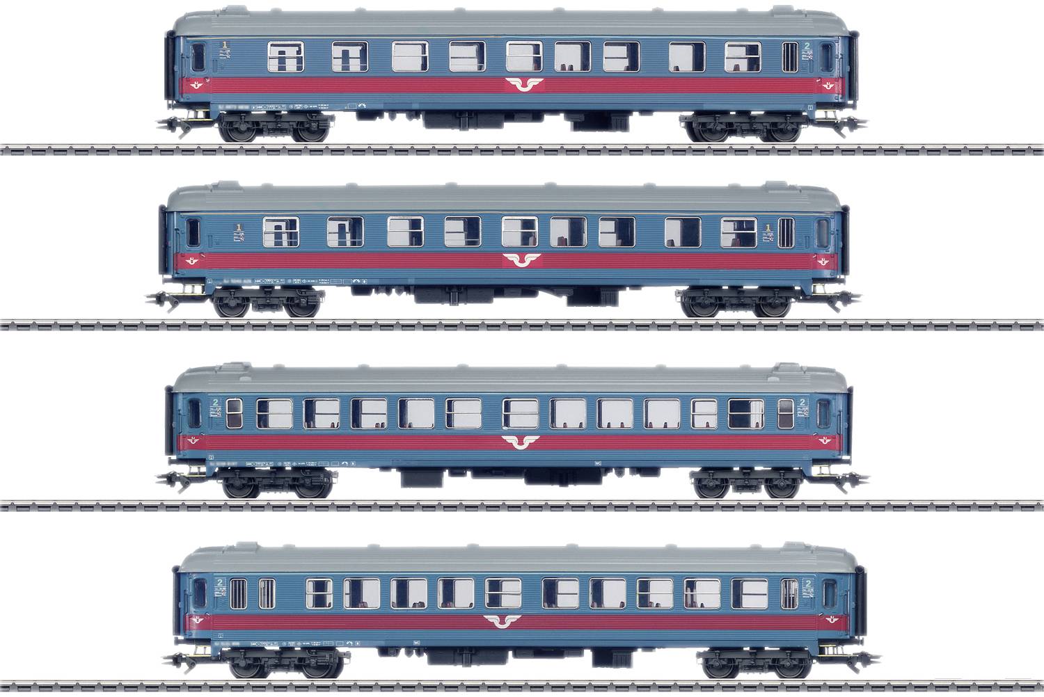 Vier Modelleisenbahn-Personenwagen in blauer und grauer Farbgebung auf Schienen dargestellt.