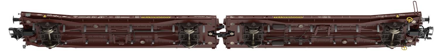 Zwei rotbraune Zugwaggons, nebeneinander stehend, von oben betrachtet. Deutliche technische Details der Waggonunterseite erkennbar.