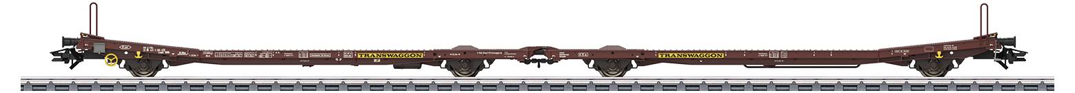 Güterwaggon auf Gleis, braun, ohne Dach. Zwei Drehgestelle, Kupplungen an beiden Enden. Eignet sich für den Transport von Containern.