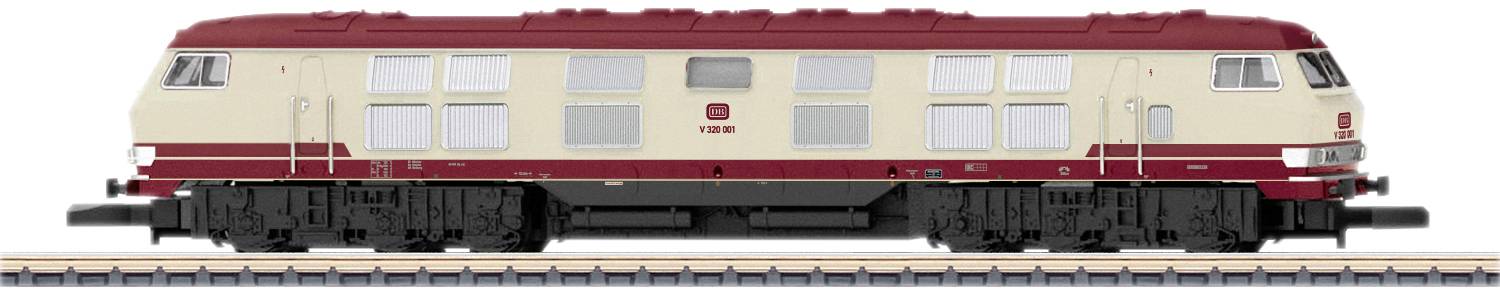 Eine modellhafte Abbildung einer zweifarbigen Diesel-Lokomotive auf Gleisen. Die Lok hat eine rote und cremefarbene Lackierung.