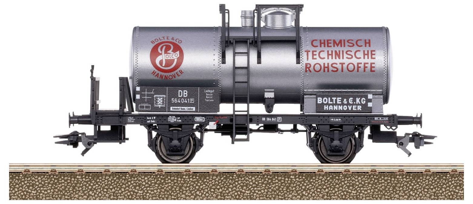 Grauer Kesselwagen der Firma 'Bolte & KG Hannover' auf Bahngleisen, bedruckt mit 'Chemisch Technische Rohstoffe'.