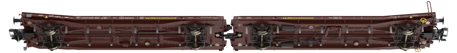 Zwei gekoppelte braune Eisenbahnwagen mit detaillierten technischen Teilen, von oben gesehen, auf einem weißen Hintergrund.