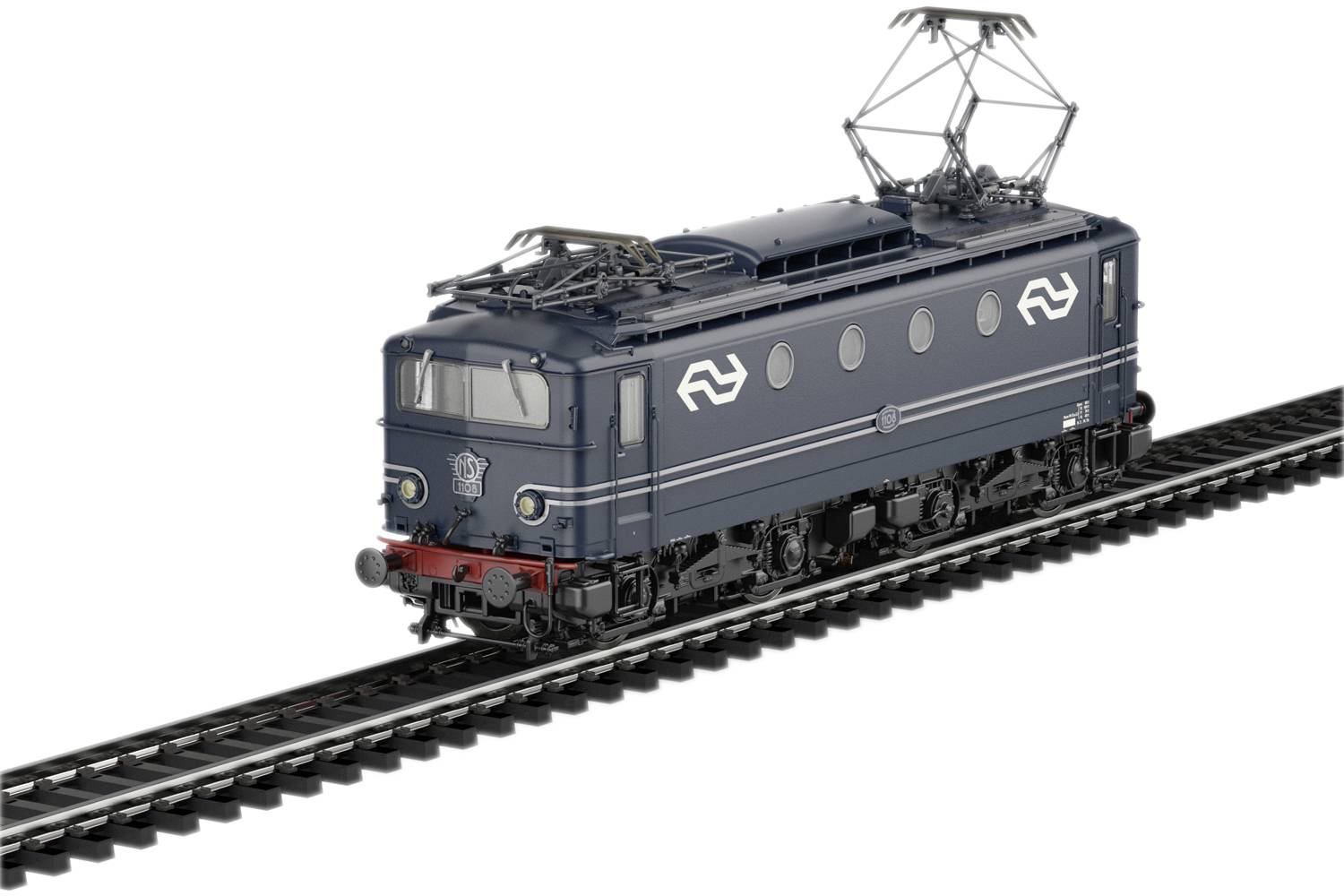 Blau-graue Modelllokomotive mit Stromabnehmern auf einem Gleis, Bauart E-Lok, verziert mit Eisenbahngesellschaftslogo.