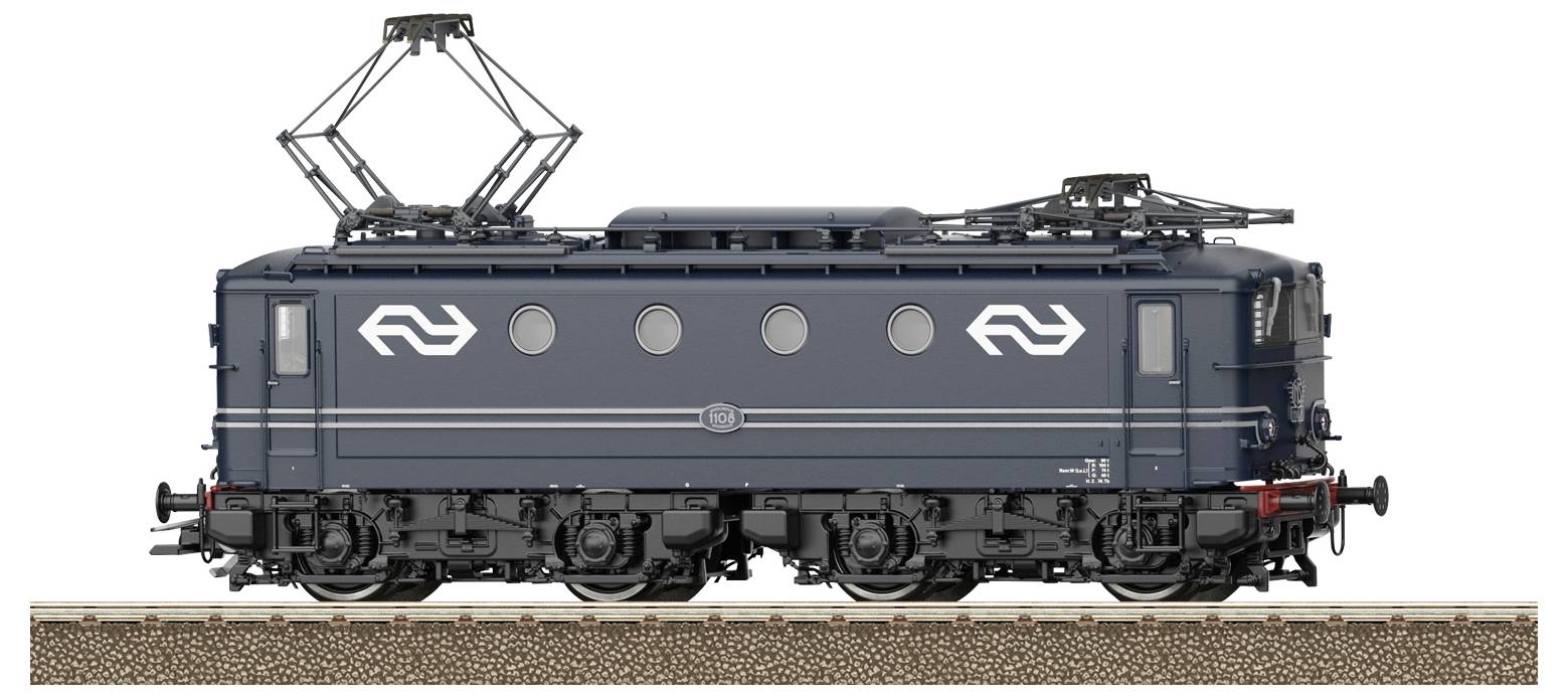 Eine dunkelblaue Elektrolokomotive mit weißem Logo fährt auf einem Gleisabschnitt. Sie hat runde Fenster und Stromabnehmer oben.