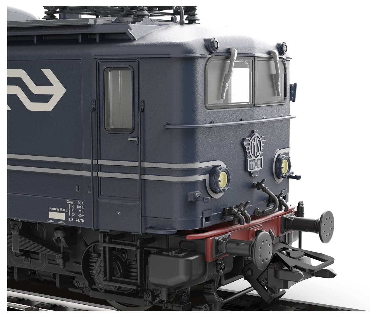 Ein dunkelblaue Elektrolokomotive mit nostalgischem Design und zwei markanten Frontlichtern auf einem weißen Hintergrund.