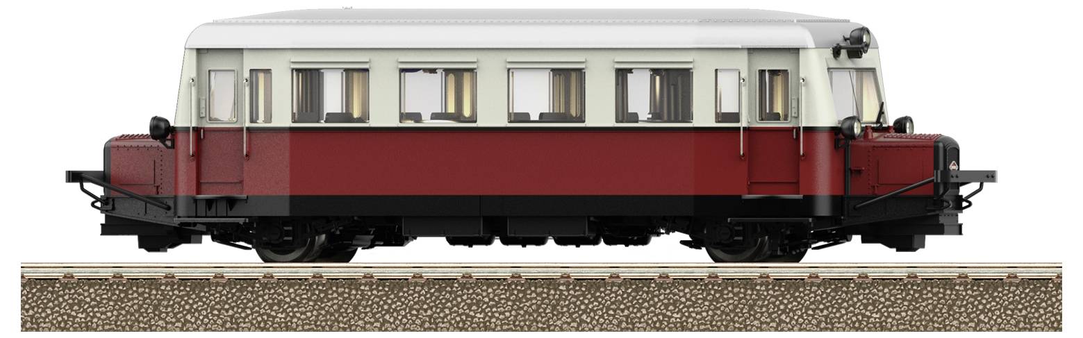 Rot-beiger historischer Schienenbus seitlich, auf Schienen stehend, kein sichtbares Umfeld oder Hintergrund.