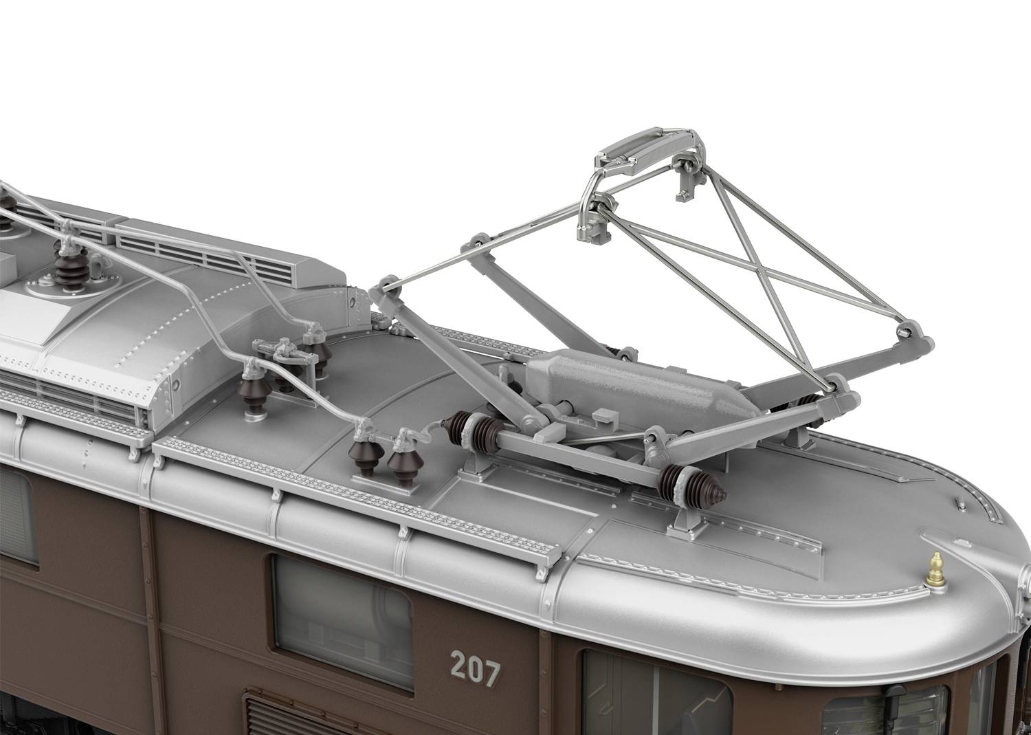 Ein Panoramabild eines braunen Zugdachs mit einem ausgeklappten Stromabnehmer, der das Fahrzeug mit elektrischer Energie versorgt.