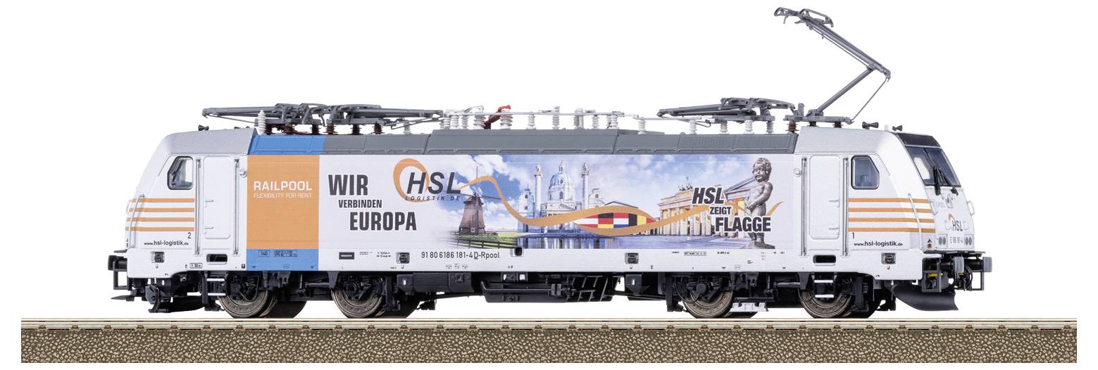 Eine weiße Lokomotive mit orangen und grauen Akzenten, motiviert mit 'Wir verbinden Europa' und europäischer Architektur als Grafik.