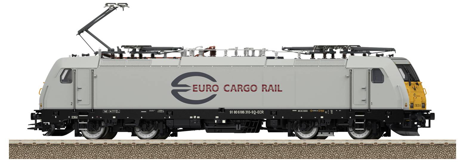 Graues Modell einer Euro Cargo Rail-Lok auf einem Gleis, seitliche Ansicht, mit Stromabnehmer auf dem Dach.