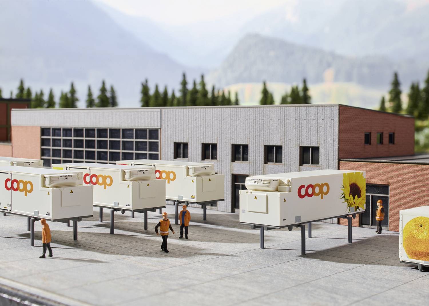 Mehrere Miniatur-Modelle von Lieferwagen mit 'coop'-Logo stehen vor einem Gebäude in malerischer Berglandschaft.