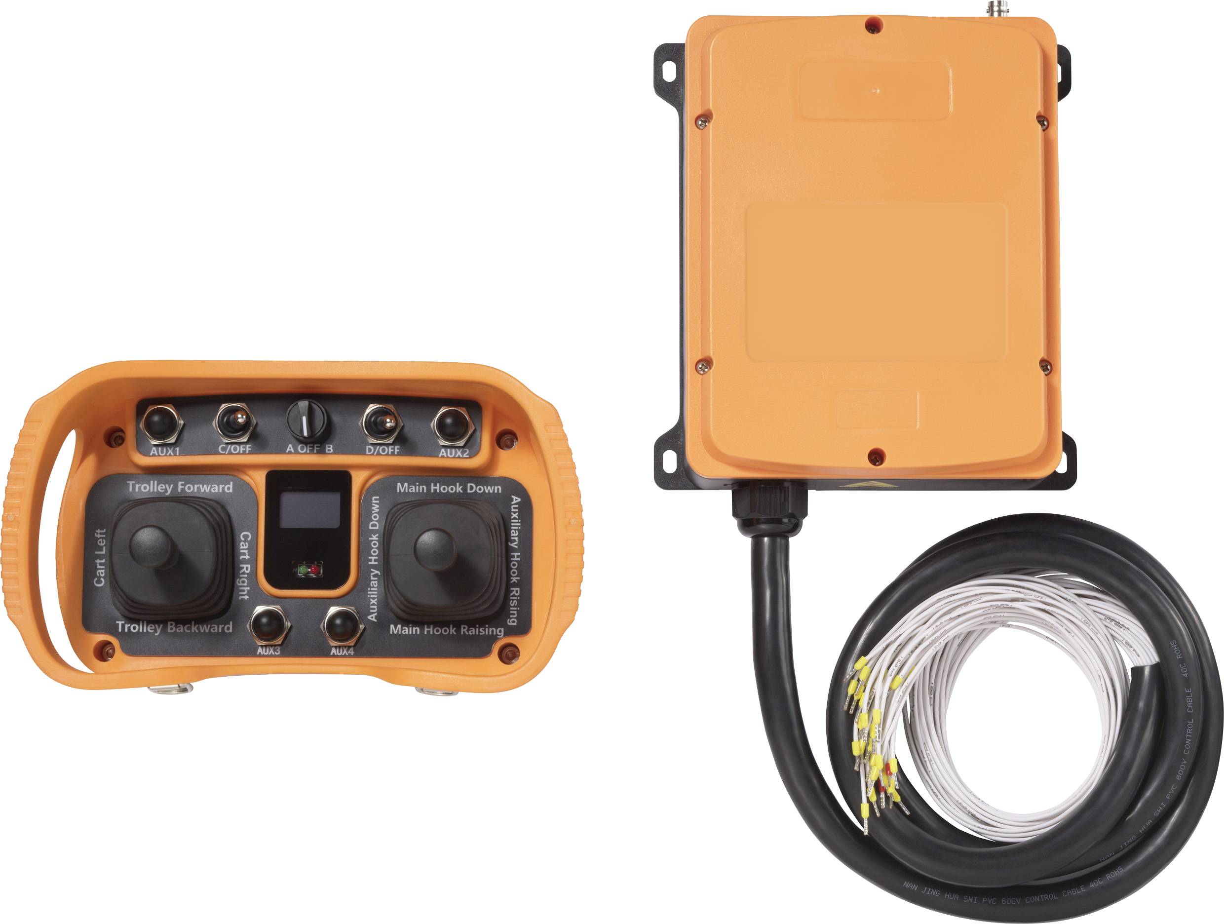 Tragbarer Funkfernbedienung-Sender mit zwei Joysticks und mehreren Schaltern neben einem kabelgebundenen Empfänger, beide orange.