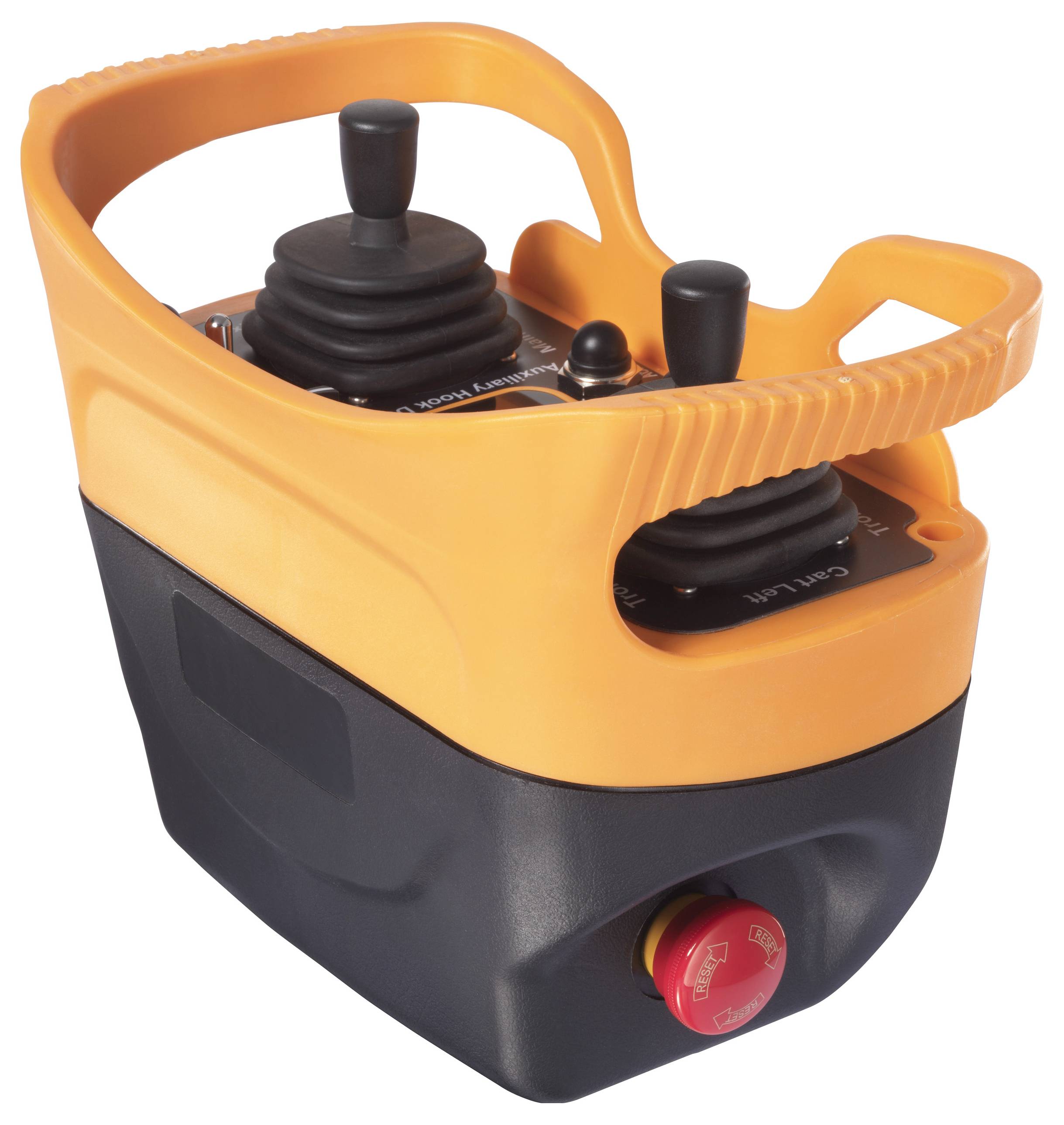 Funkfernbedienung mit orangefarbenem Gehäuse und zwei Steuerhebeln für die Maschinensteuerung. Großer roter Not-Aus-Knopf unten.