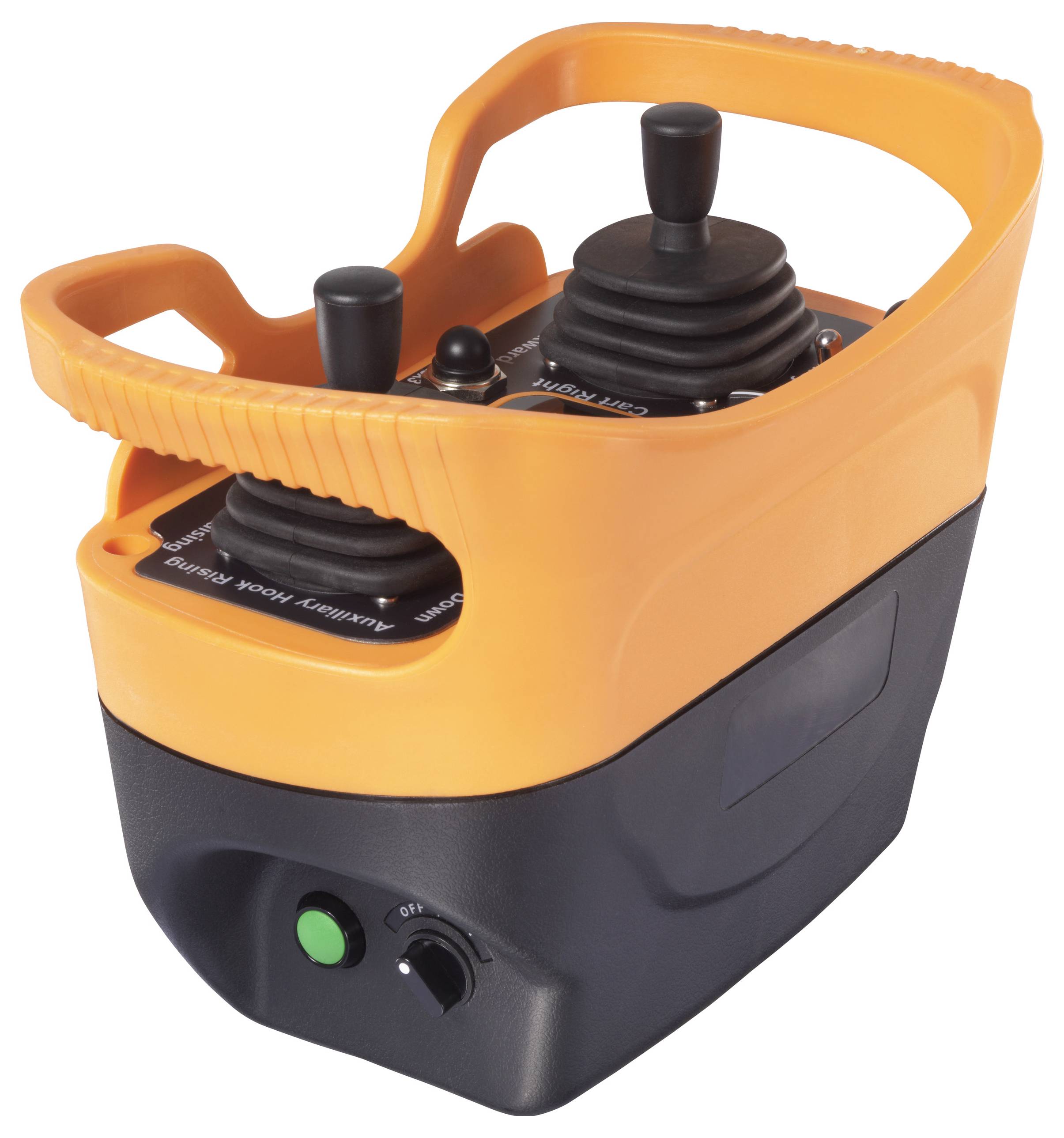 Orange Fernbedienung mit zwei Joysticks und mehreren Tasten, vermutlich für Maschinensteuerung.