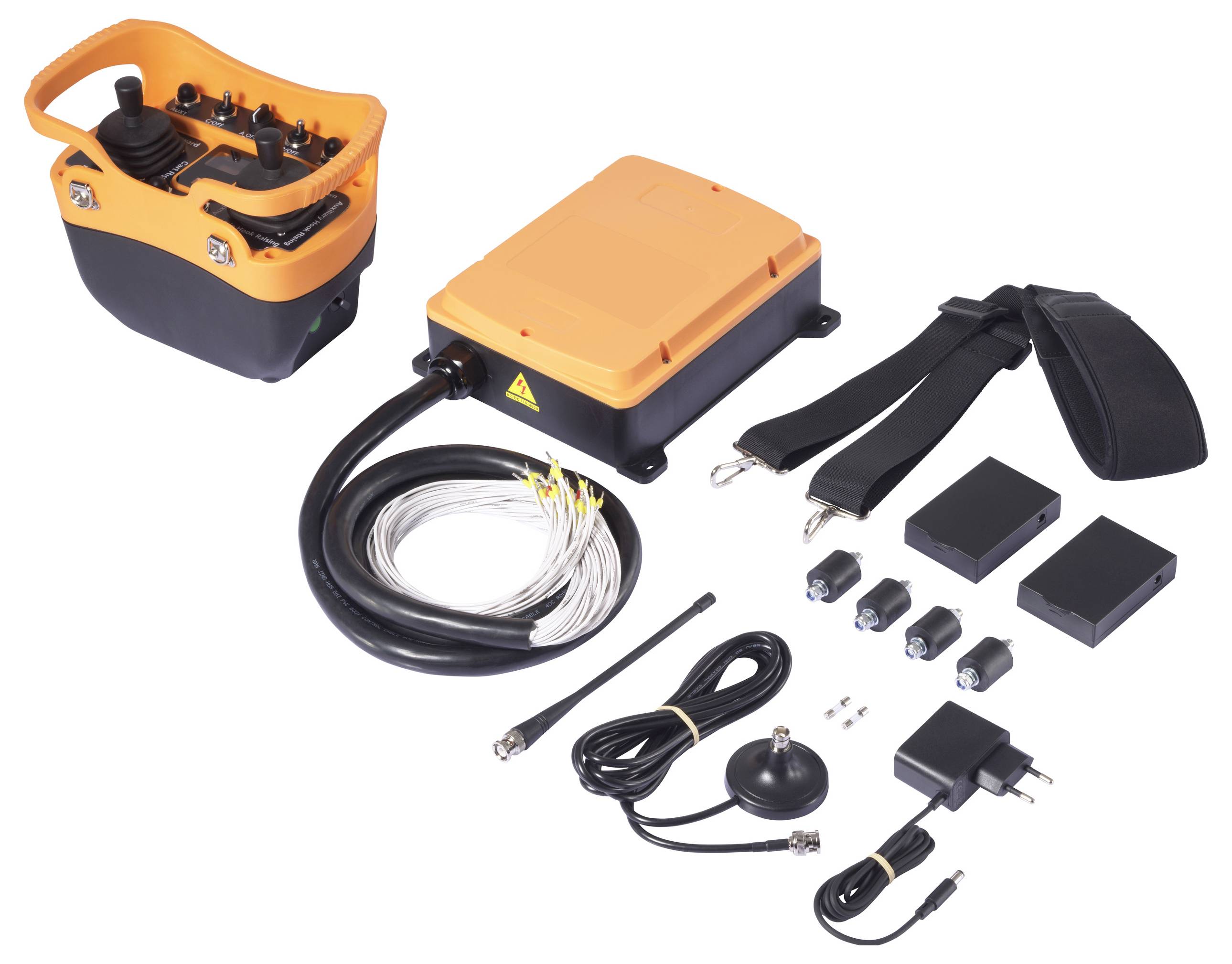 Tragbare Fernbedienung mit kabelgebundenem Empfänger, Gurten, Antennen und Ladegerät.  Geeignet für industrielle Anwendungen.