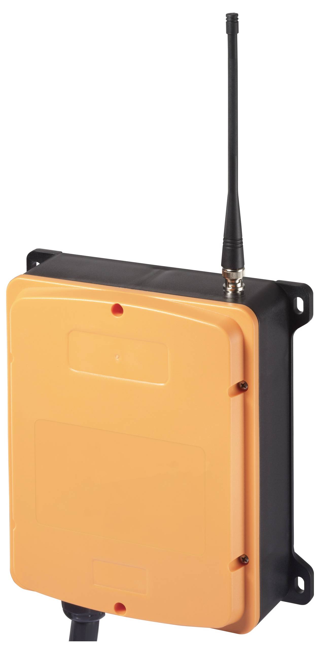 Ein orange-schwarzer Funkkommunikationssender mit langer Antenne, zur Wandmontage geeignet.