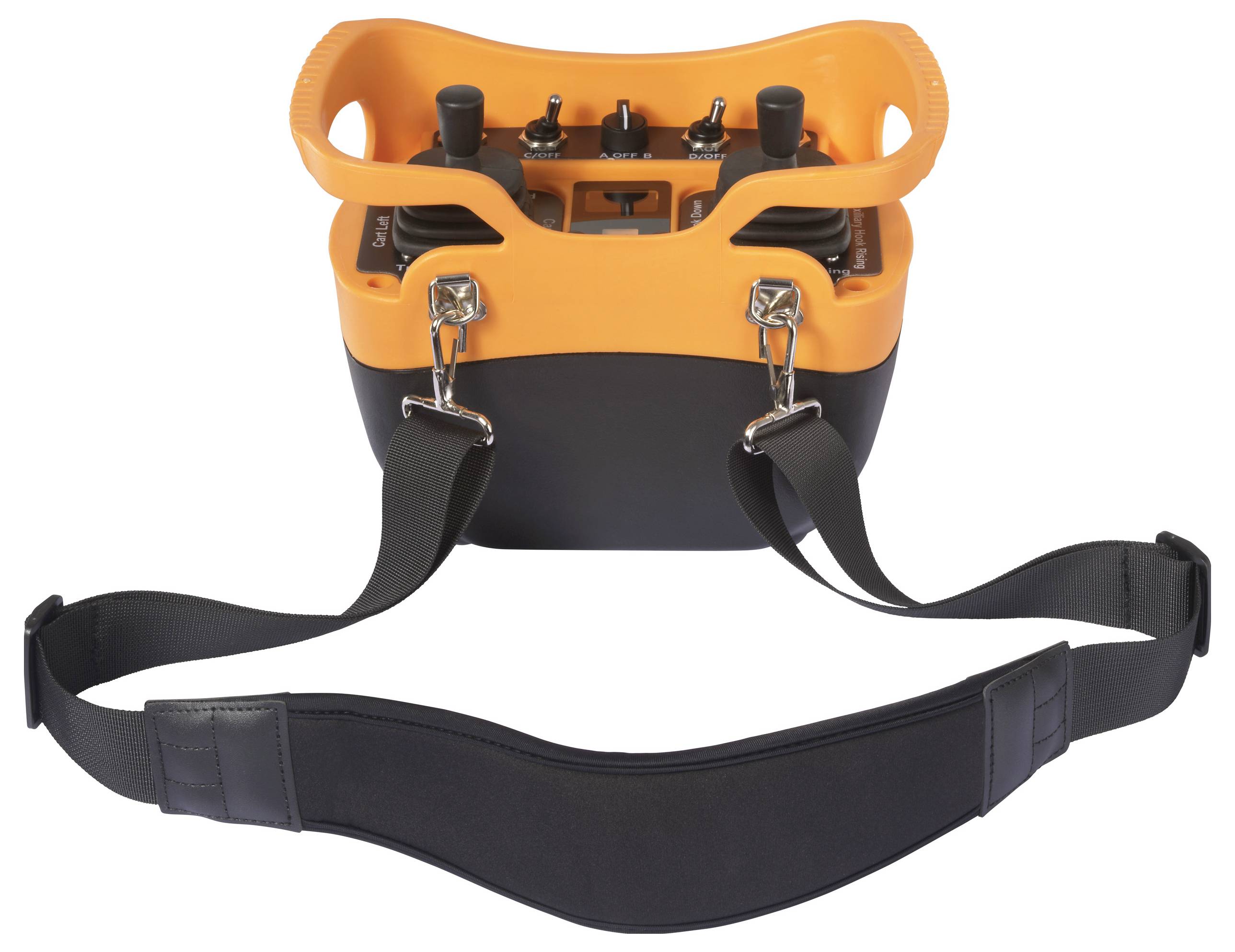 Fernbedienung mit orange-schwarzem Design und Tragegurt. Ausgestattet mit mehreren Steuerknöpfen und Schaltern für Maschinensteuerung.