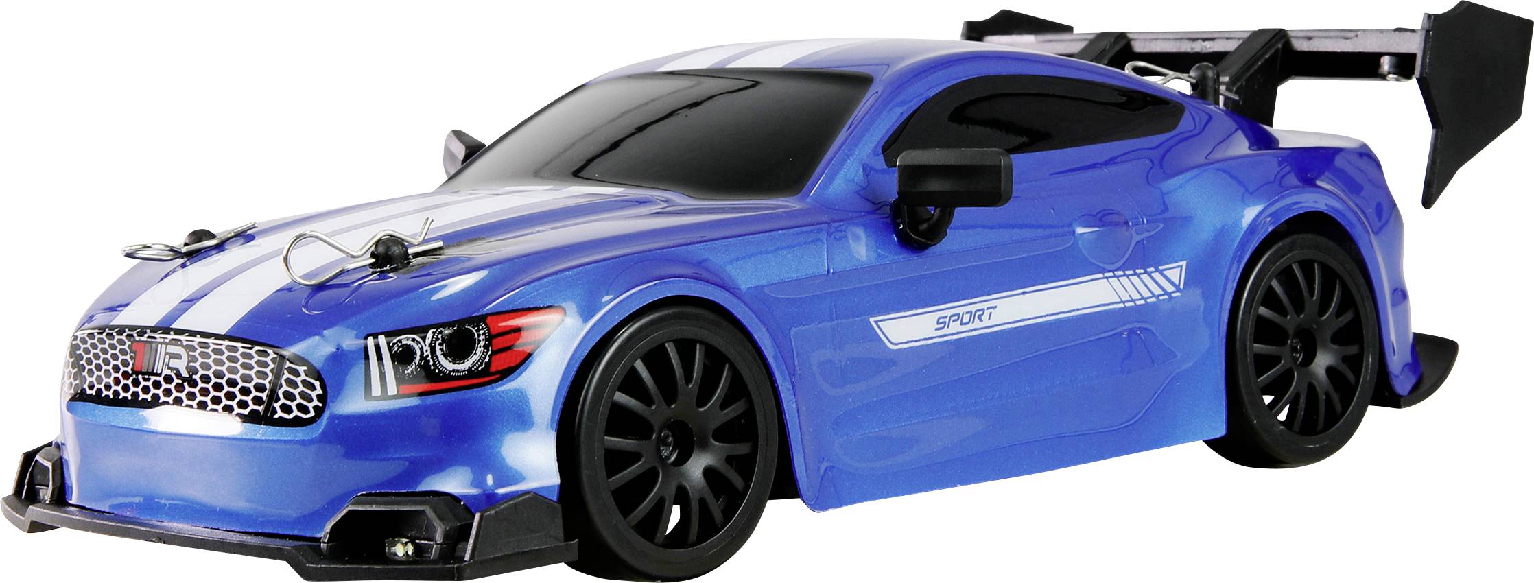 Blaues ferngesteuertes Modellauto mit Rennspoiler auf weißem Hintergrund, Seitenansicht. Das Auto hat schwarze Räder und getönte Scheiben.