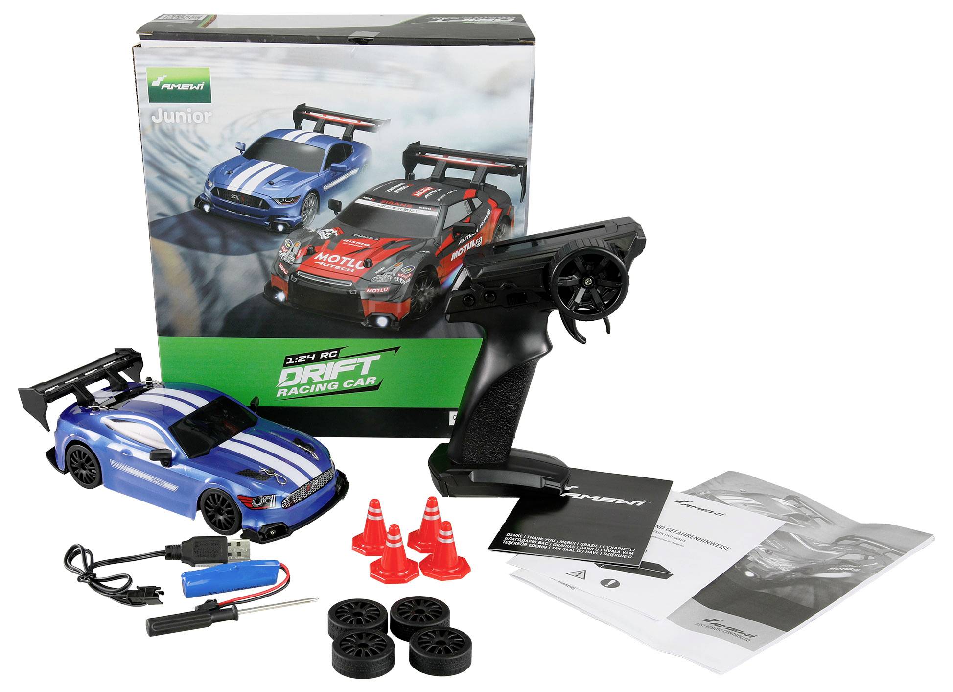 Amewi 21111 Drift Racing Car 1:24 RC Einsteiger Modellauto Elektro Sportwagen Allradantrieb (4WD) inkl. Akku und Ladekabel, mit