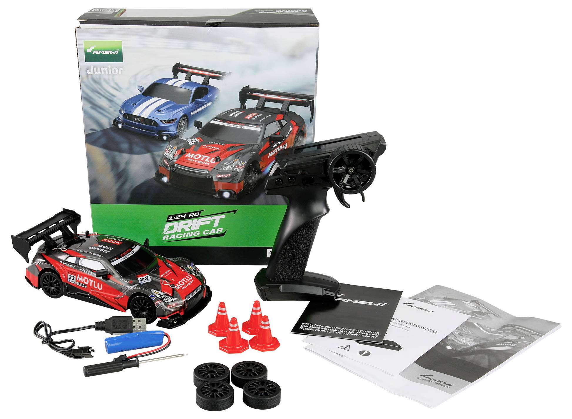 Amewi 21112 Drift Racing Car 1:24 RC Einsteiger Modellauto Elektro Sportwagen Allradantrieb (4WD) inkl. Akku und Ladekabel, mit
