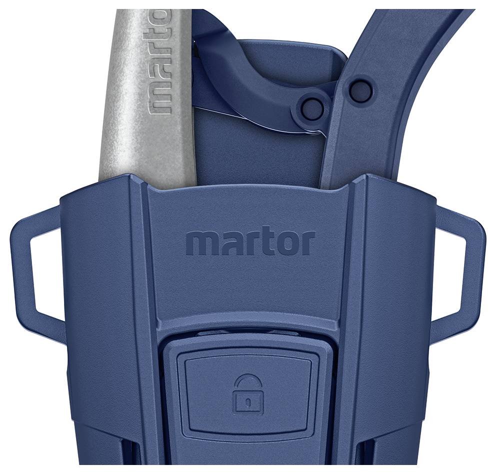 'Martor' Sicherheitsmesser mit blauer Schutzhülle und Hebel. Das Design betont die Handhabung und den sicheren Gebrauch.